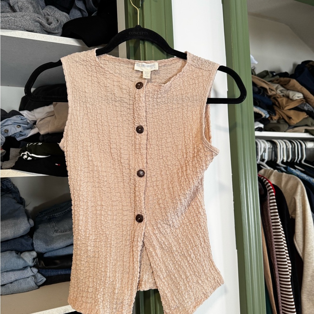 See You Monday Textured Beige Sleeveless Blouse